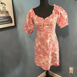 ASOS pink paisley linen mini dress with puff sleeves